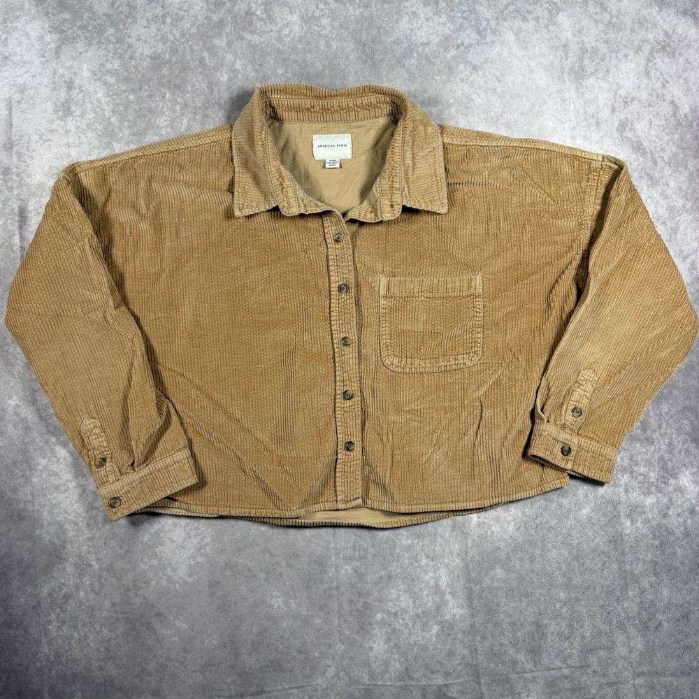 American Eagle Women M Tan Corduroy Button Down Cropped Boxy Oversized Shirt